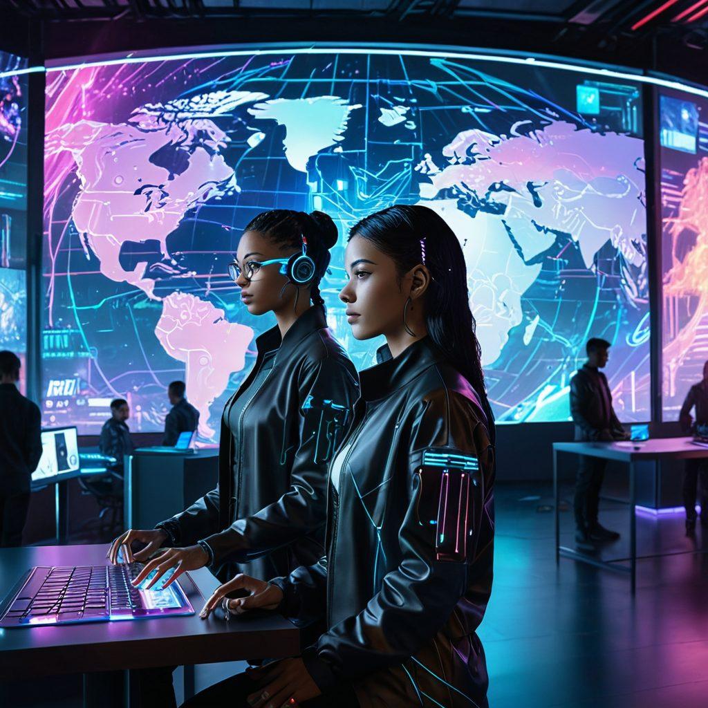 A futuristic scene showcasing a sleek, holographic interface with voice waveforms, AI avatars speaking, and web tools generating real-time translations. Diverse people collaborating globally via virtual screens. Digital lines connecting across a globe. cyberpunk art. vibrant colors. high-tech background.