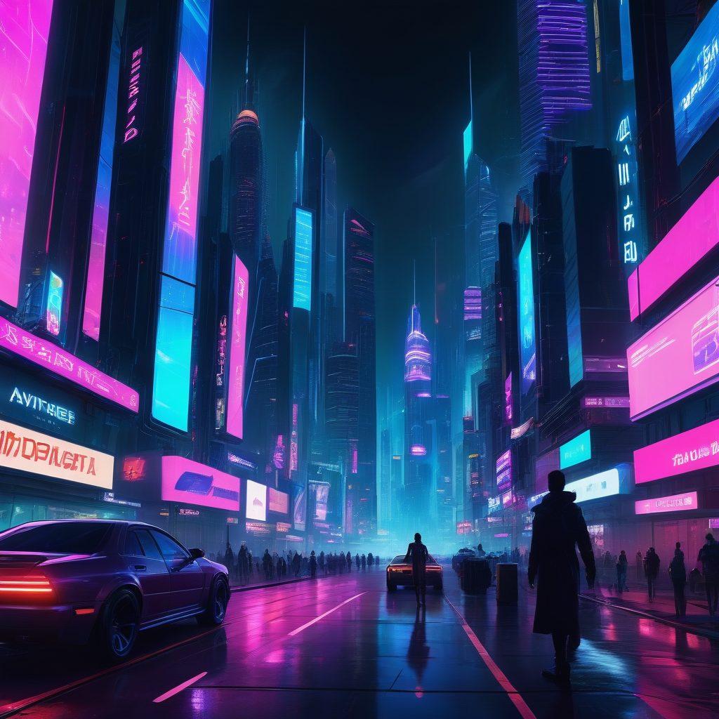 A futuristic city skyline filled with neon lights, towering skyscrapers with digital billboards displaying AI-driven voice tools, and holographic interfaces. A diverse group of people using various devices, speaking into them, with animated sound waves and digital voice models floating around them. A mix of modern technology and advanced AI elements. cyberpunk. vibrant colors. futuristic.