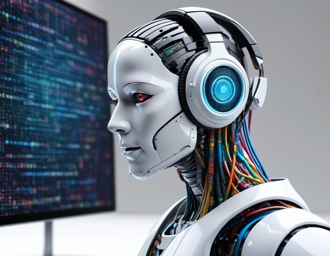 A futuristic AI robot with headphones, speaking into a high-tech microphone emitting sound waves and text. The background features a blend of computer code and digital sound spectrums. super-realistic. vibrant colors. white background.